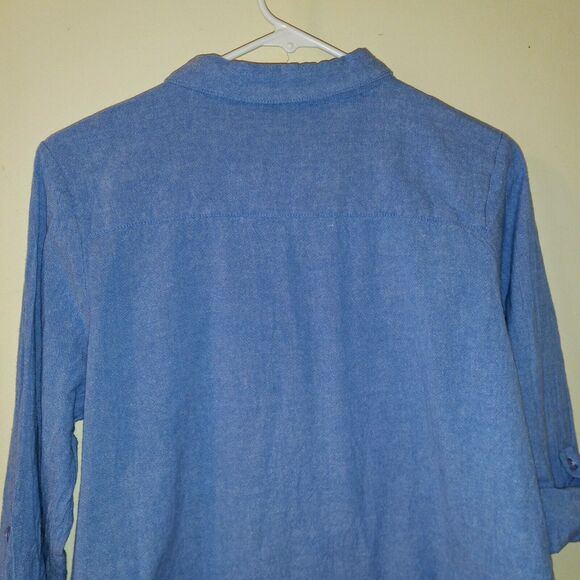 Collections Etc Large Aztec Embroidered Chambray Popover Blouse-Roll Tab Sleeve - Picture 7 of 9